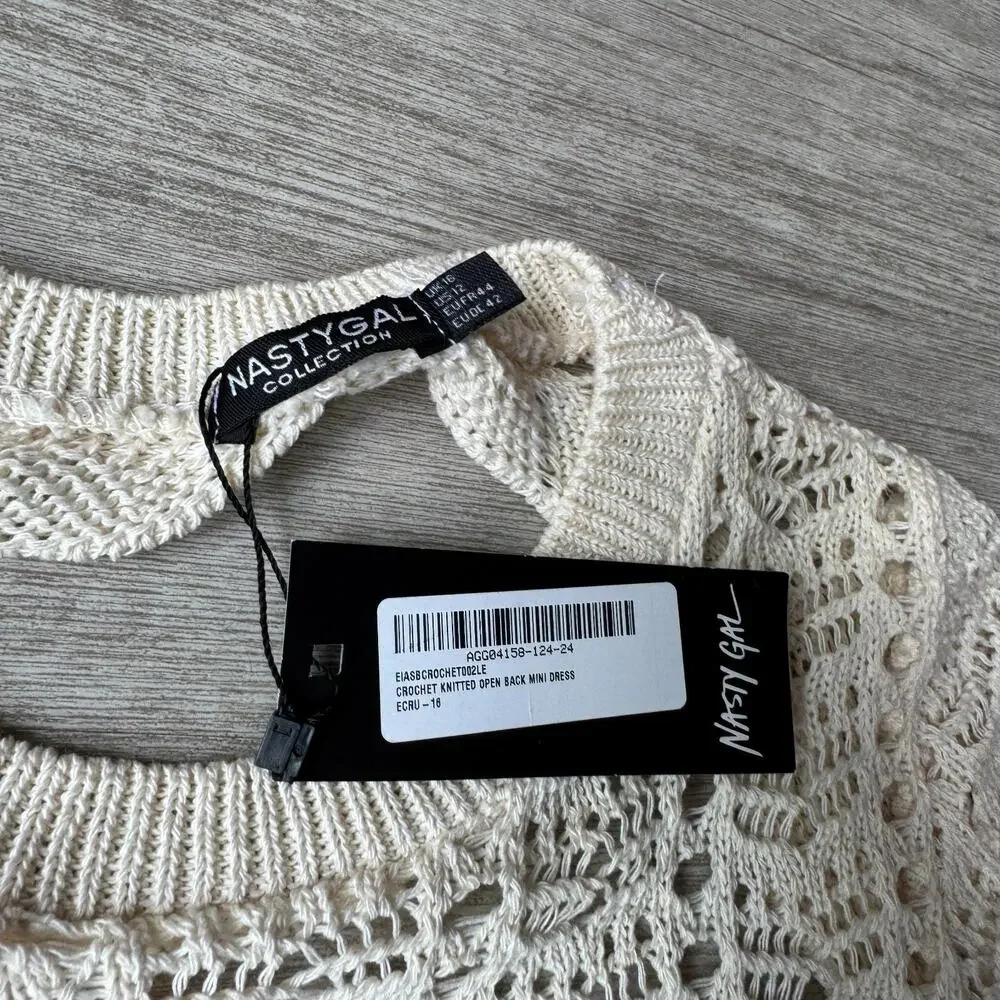 Nasty Gal Crochet Knit Mini Dress NWT US 12 Open Back Cream Long Sleeve Flared - Picture 3 of 8